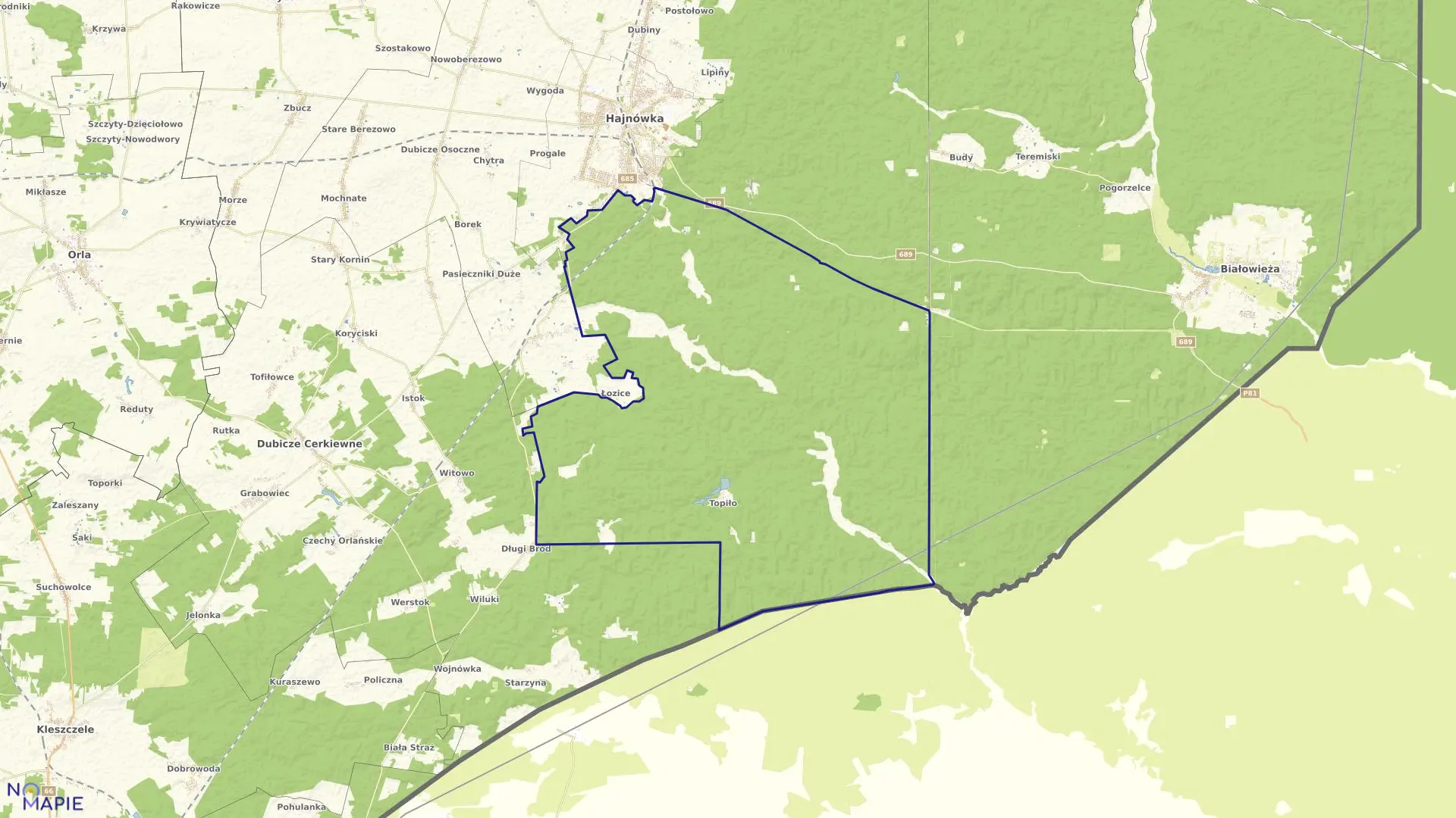 Mapa obrębu WIERZCHOWSKIE w gminie Hajnówka